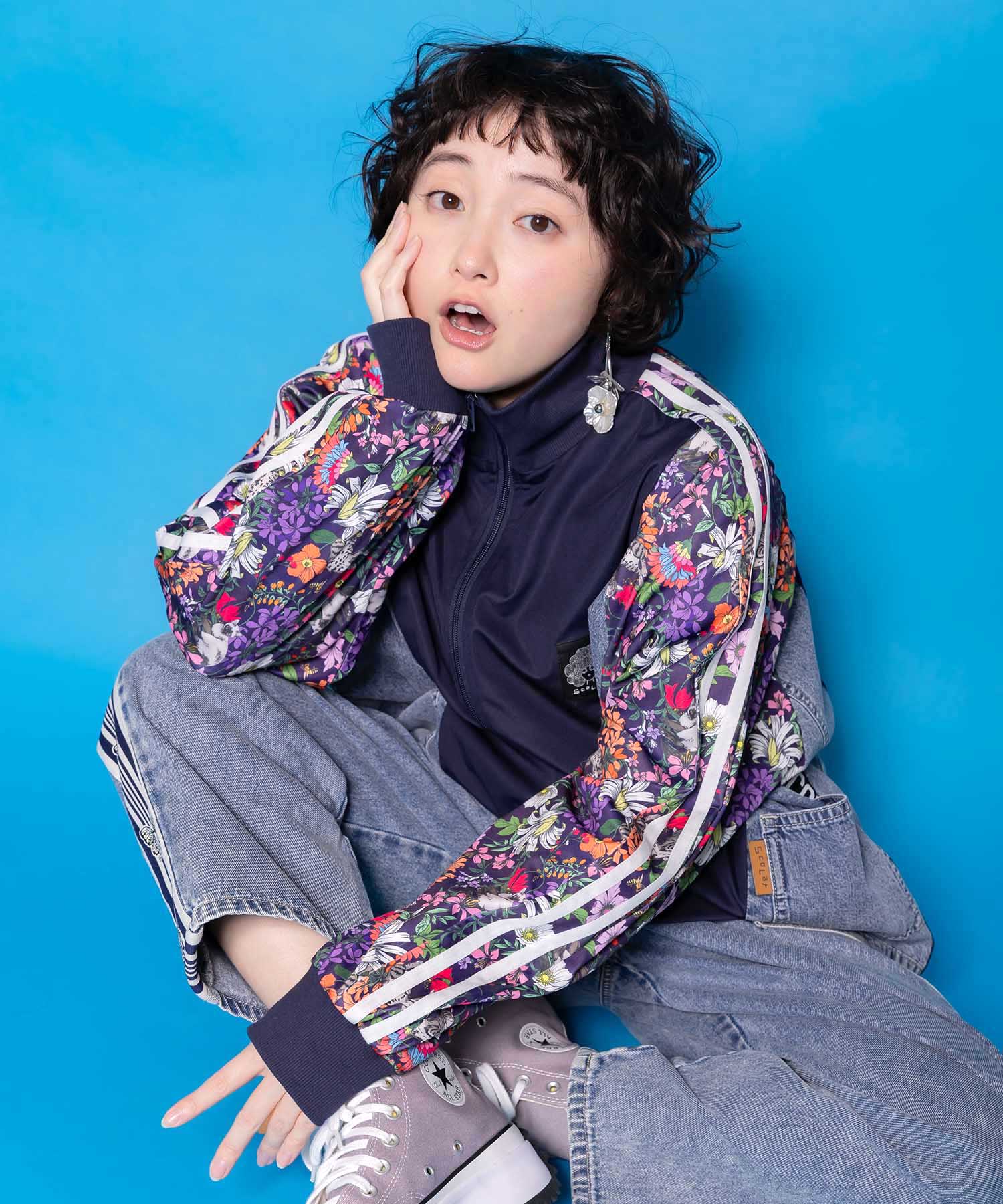 161655：花ネコ柄ジャージ×デニム 異素材切替ブルゾンの通販-ScoLar