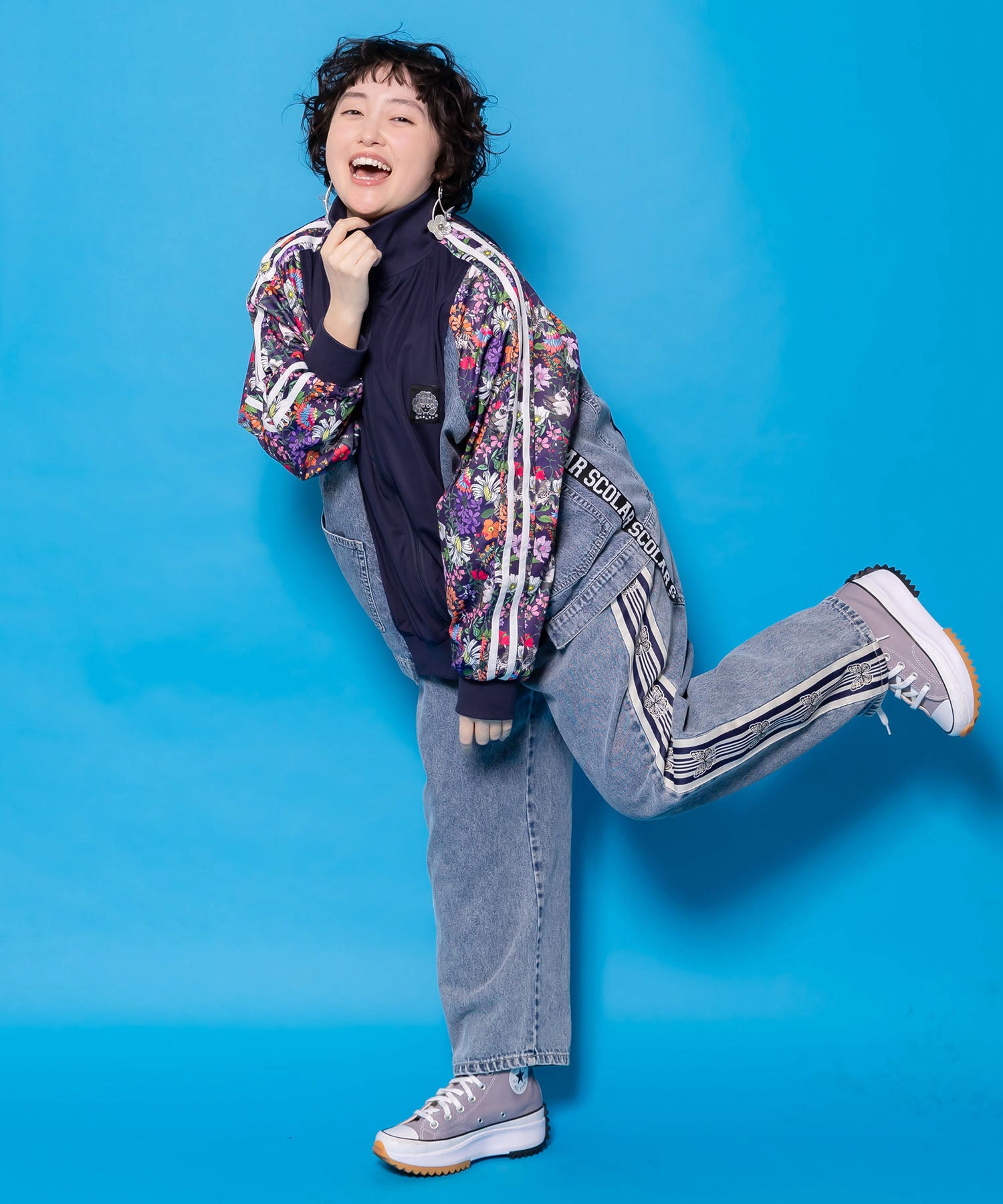 161655：花ネコ柄ジャージ×デニム 異素材切替ブルゾンの通販-ScoLar