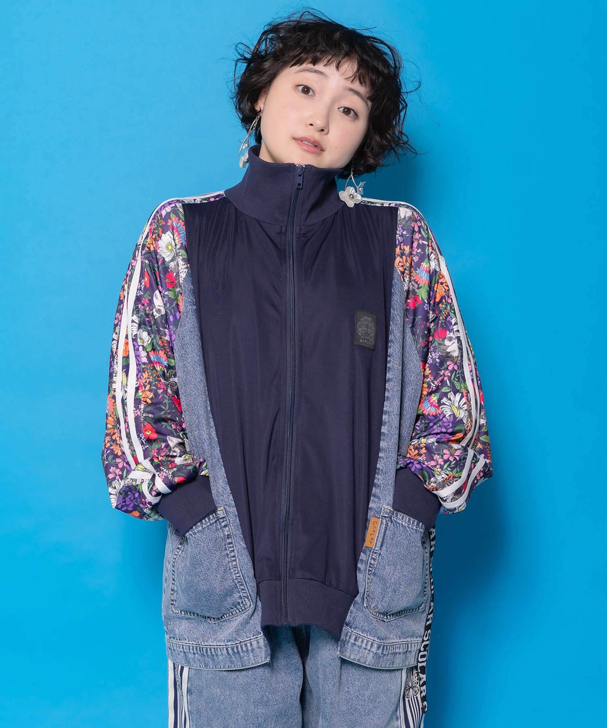 花ネコ柄ジャージ×デニム 異素材切替ブルゾン-3