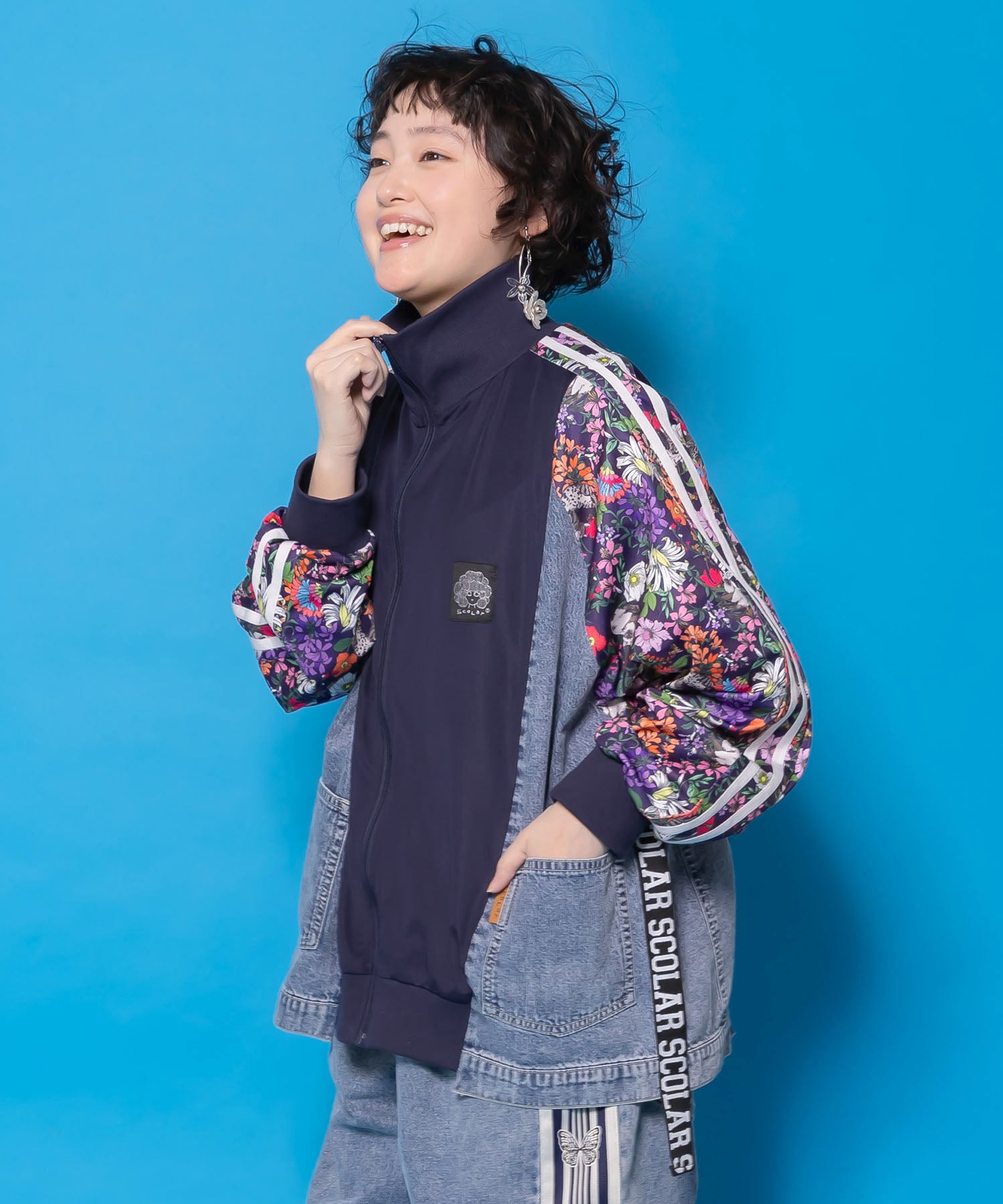 161655：花ネコ柄ジャージ×デニム 異素材切替ブルゾンの通販-ScoLar