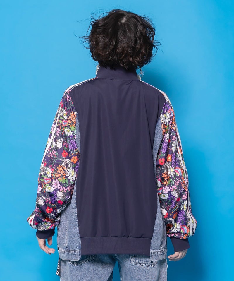 花ネコ柄ジャージ×デニム 異素材切替ブルゾン-5