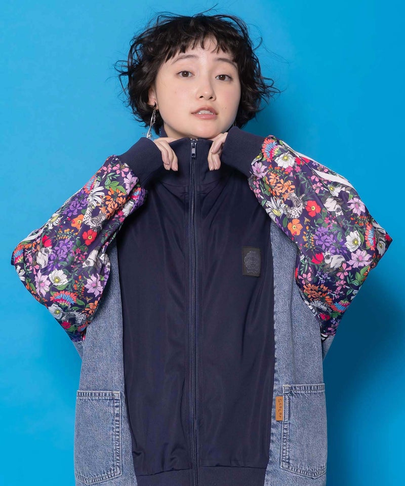 花ネコ柄ジャージ×デニム 異素材切替ブルゾン-6