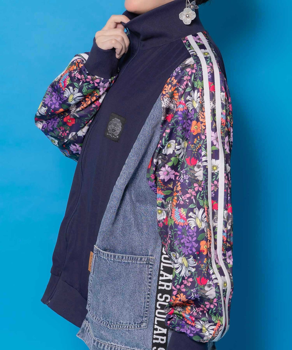花ネコ柄ジャージ×デニム 異素材切替ブルゾン-7