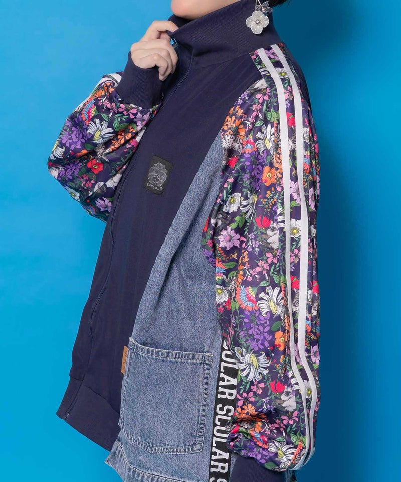 花ネコ柄ジャージ×デニム 異素材切替ブルゾン-7