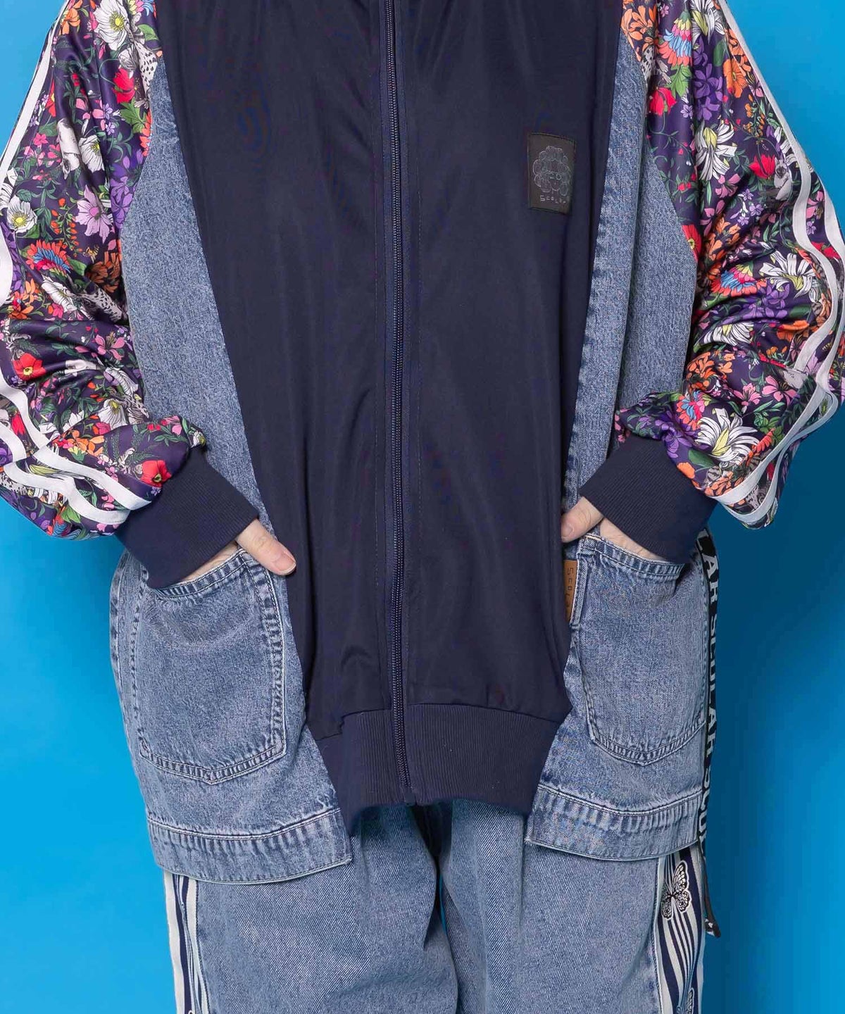 花ネコ柄ジャージ×デニム 異素材切替ブルゾン-8