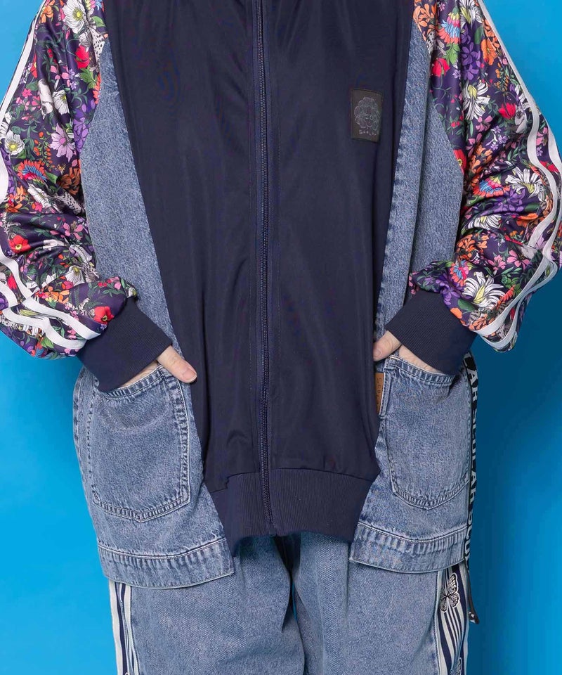 花ネコ柄ジャージ×デニム 異素材切替ブルゾン-8