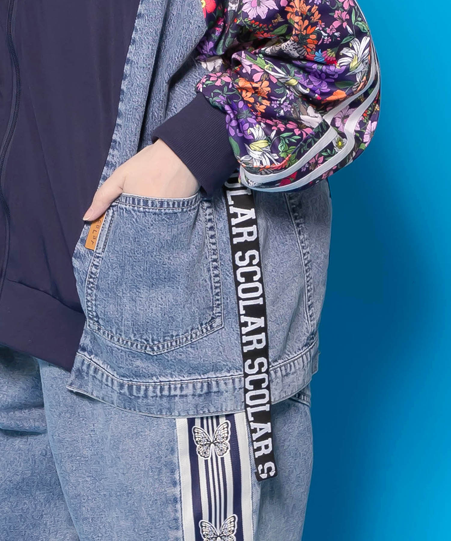 161655：花ネコ柄ジャージ×デニム 異素材切替ブルゾンの通販-ScoLar