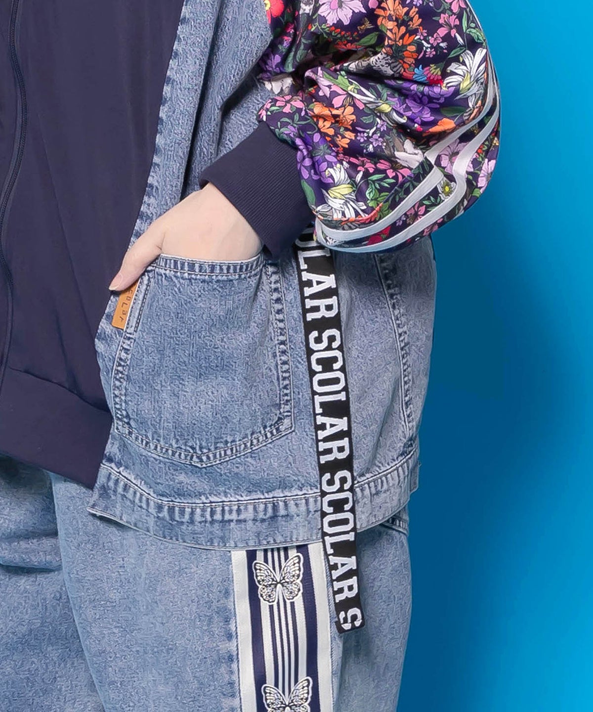 花ネコ柄ジャージ×デニム 異素材切替ブルゾン-9