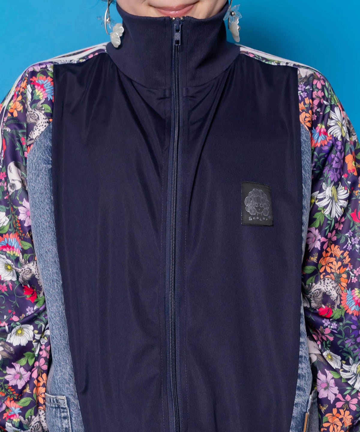 花ネコ柄ジャージ×デニム 異素材切替ブルゾン-10