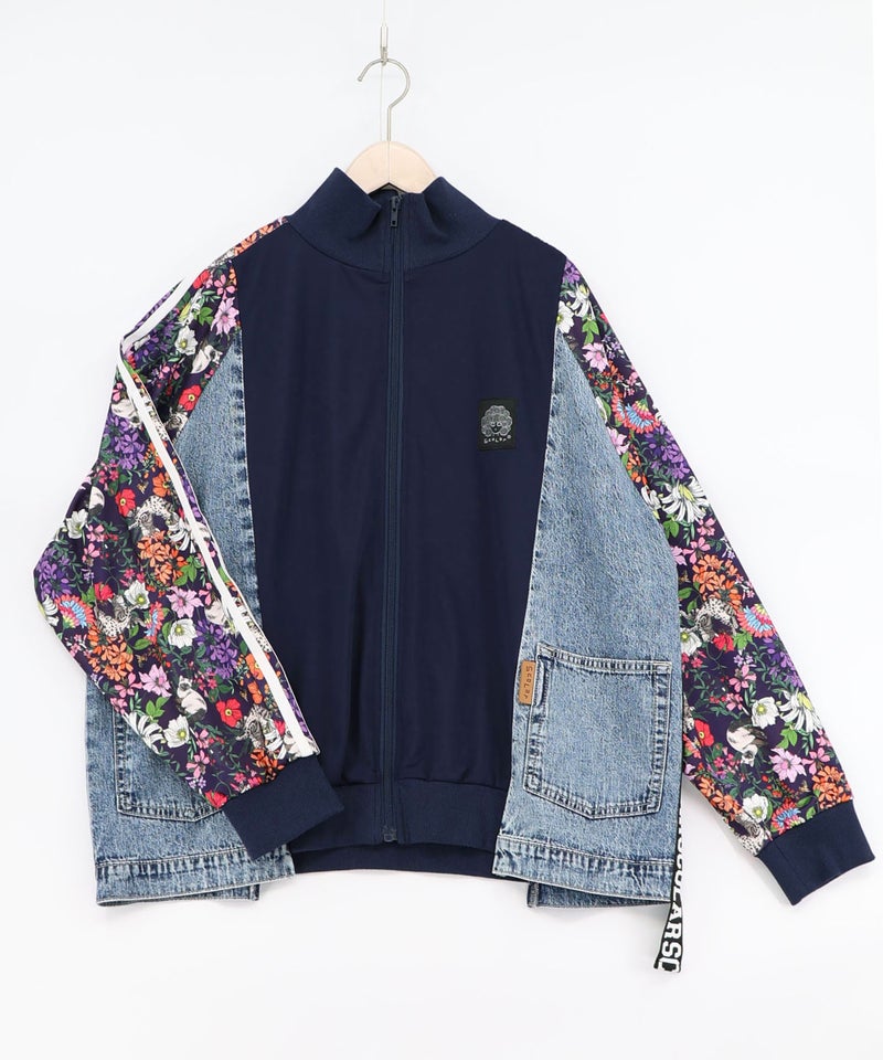 花ネコ柄ジャージ×デニム 異素材切替ブルゾン-11