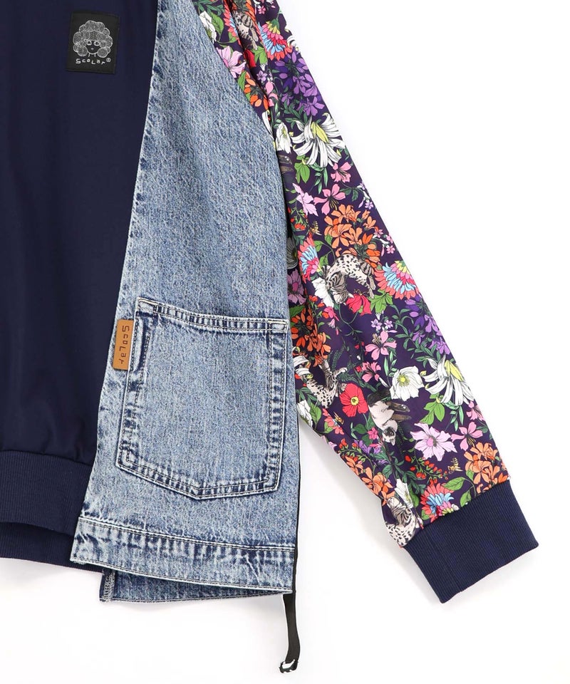 花ネコ柄ジャージ×デニム 異素材切替ブルゾン-16