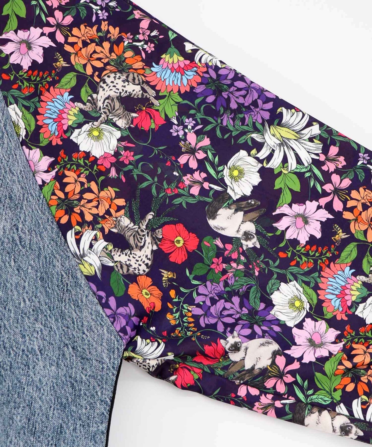 花ネコ柄ジャージ×デニム 異素材切替ブルゾン-18