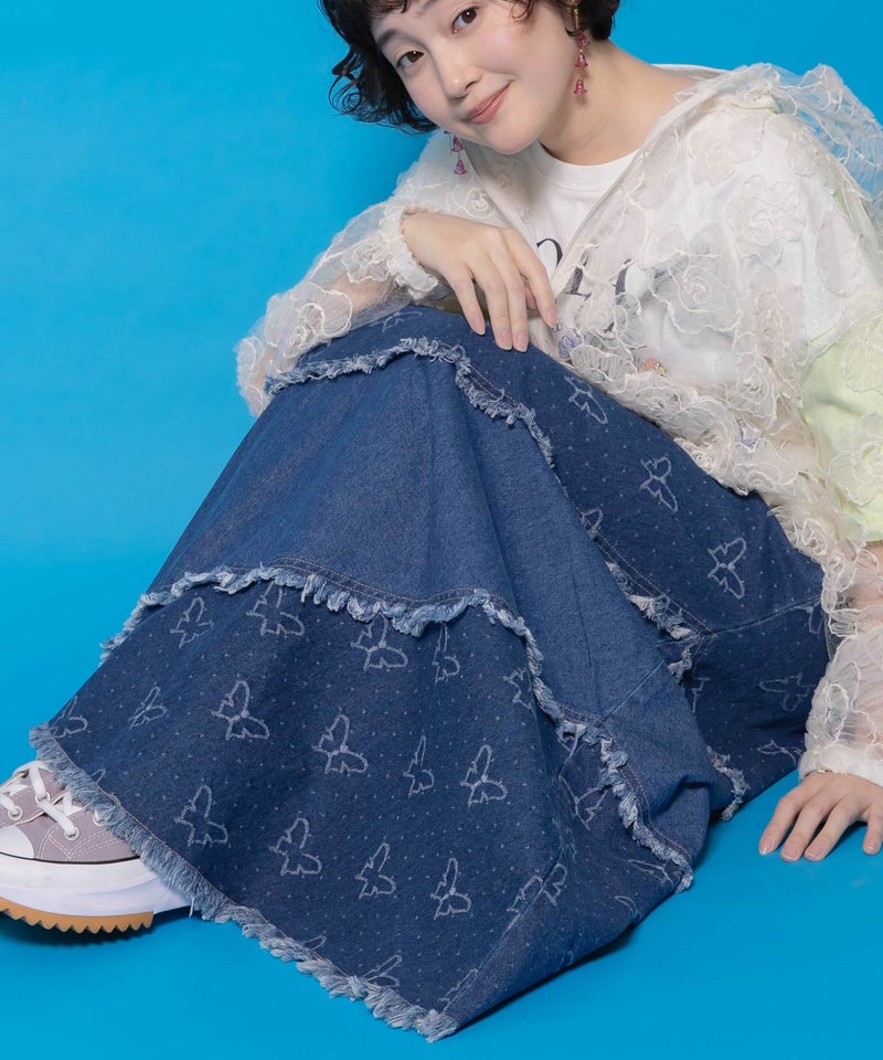 蝶刺繍or配色 スパイラル切替フリンジデニムスカート-1