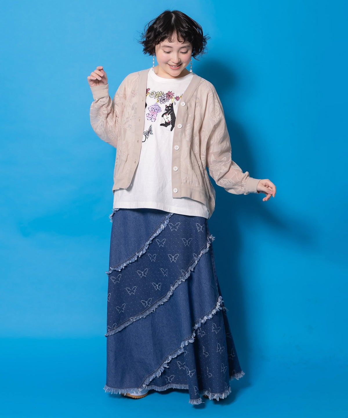 蝶刺繍or配色 スパイラル切替フリンジデニムスカート-3