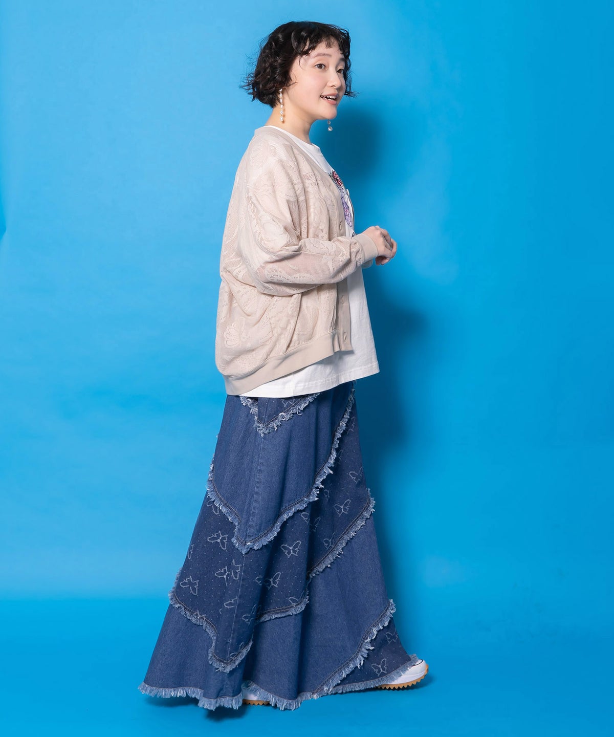 蝶刺繍or配色 スパイラル切替フリンジデニムスカート-4