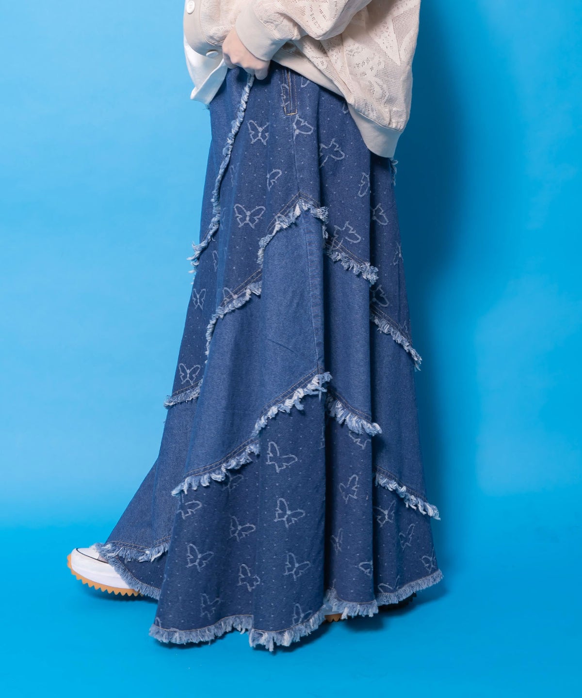 蝶刺繍or配色 スパイラル切替フリンジデニムスカート-5