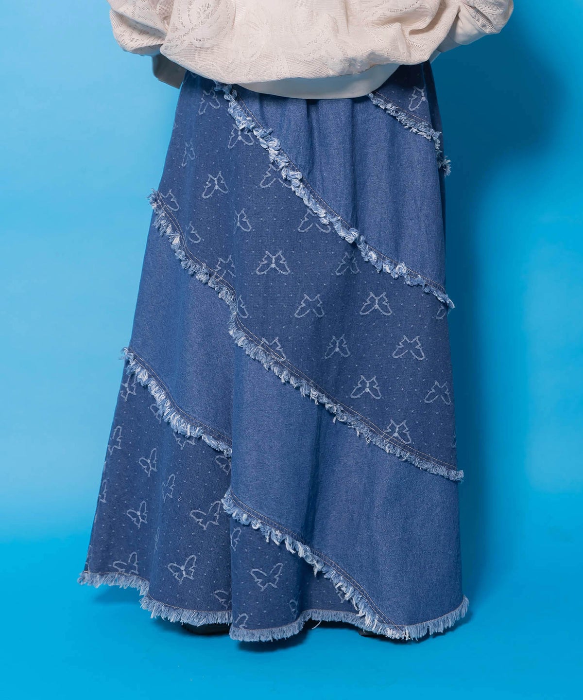 蝶刺繍or配色 スパイラル切替フリンジデニムスカート-6