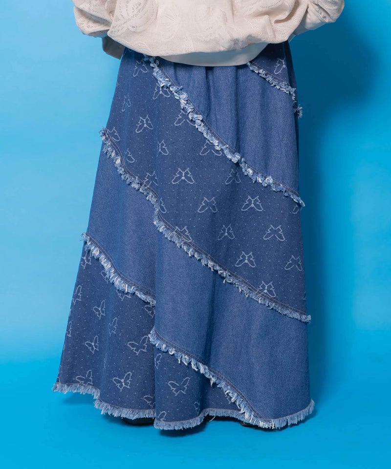 蝶刺繍or配色 スパイラル切替フリンジデニムスカート-6