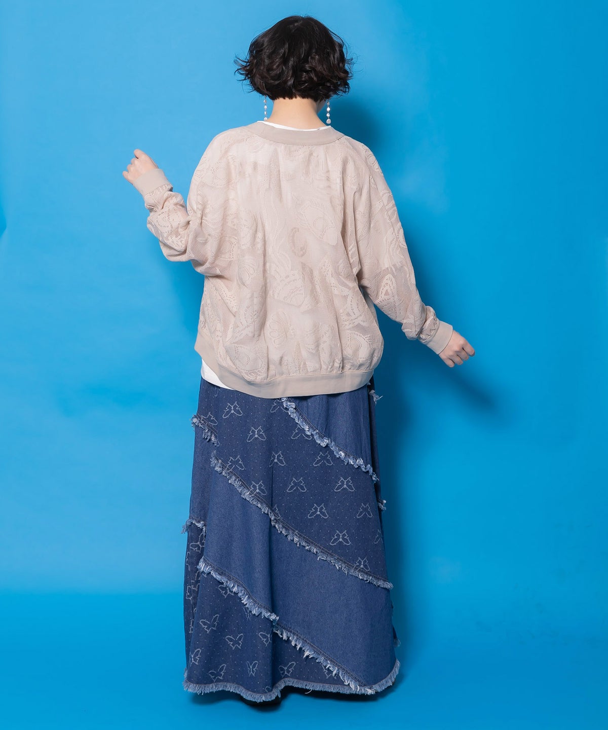 蝶刺繍or配色 スパイラル切替フリンジデニムスカート-7