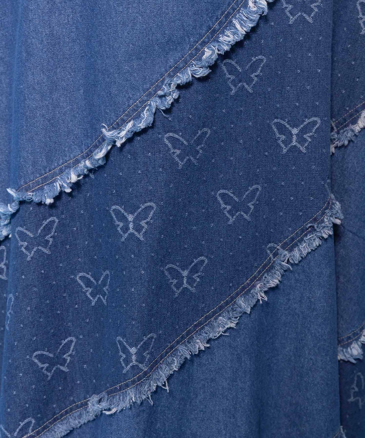 蝶刺繍or配色 スパイラル切替フリンジデニムスカート-10
