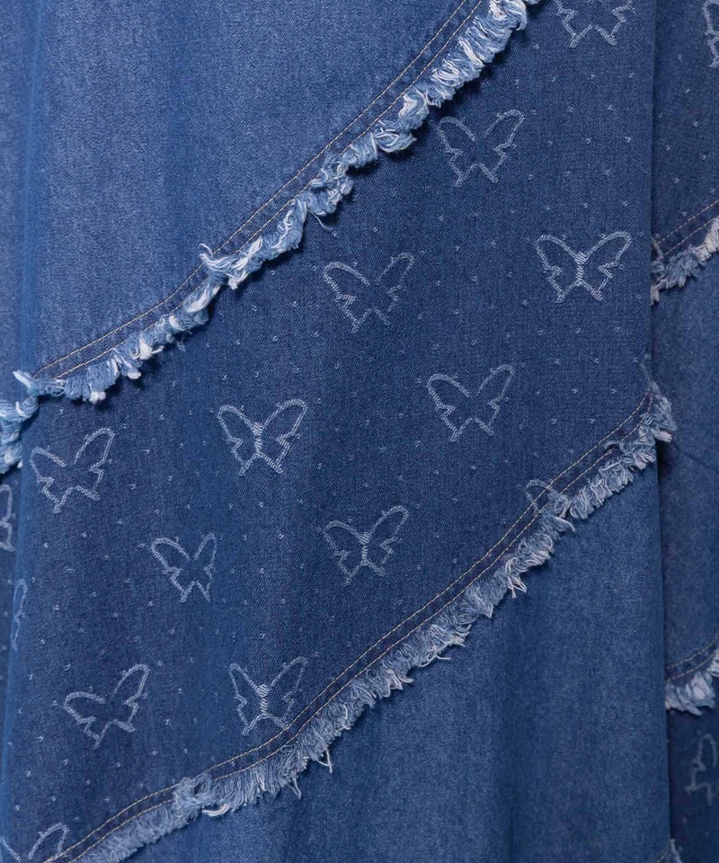 蝶刺繍or配色 スパイラル切替フリンジデニムスカート-10