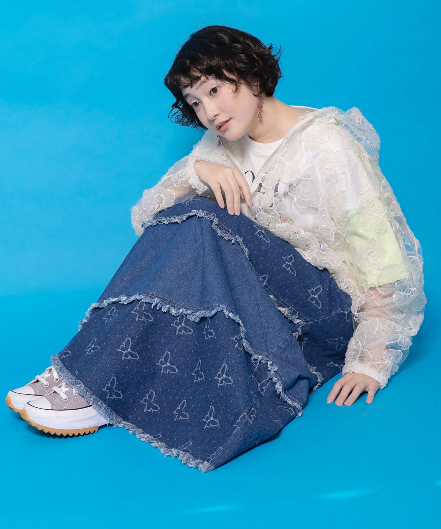 161654：蝶刺繍or配色 スパイラル切替フリンジデニムスカートの通販-ScoLar