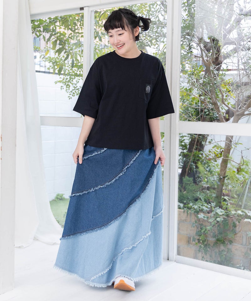 蝶刺繍or配色 スパイラル切替フリンジデニムスカート-13
