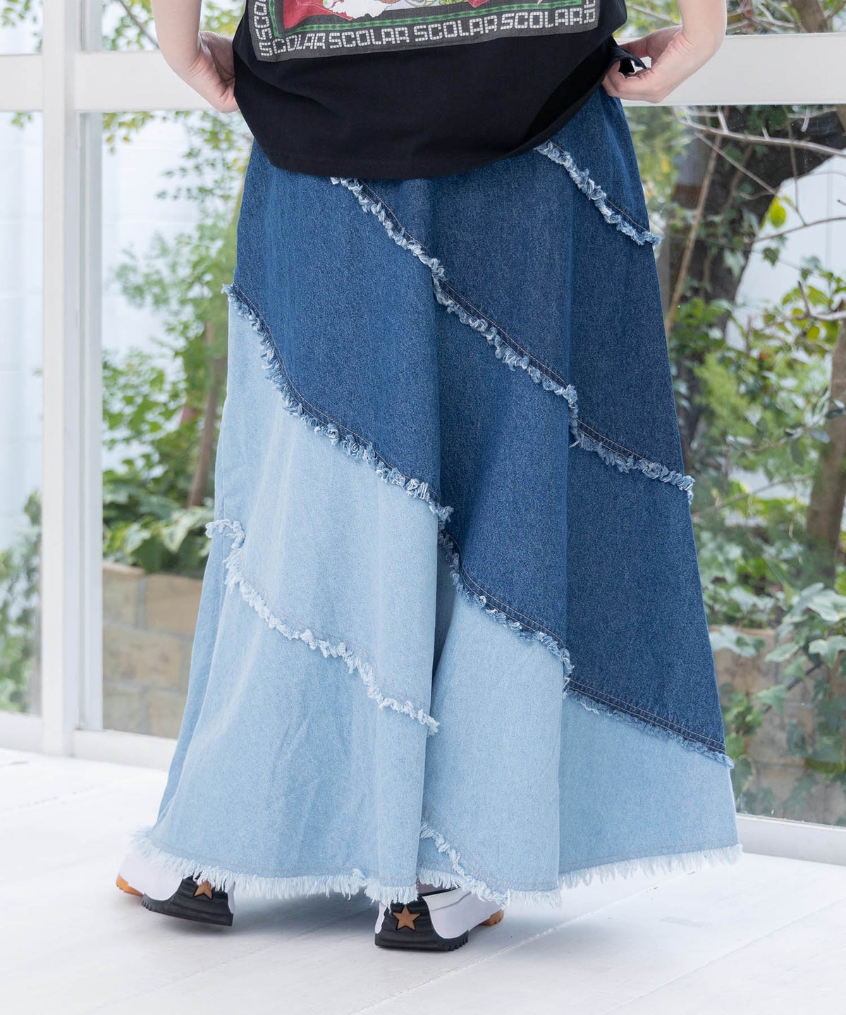 蝶刺繍or配色 スパイラル切替フリンジデニムスカート-16