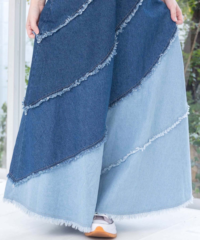 蝶刺繍or配色 スパイラル切替フリンジデニムスカート-q17
