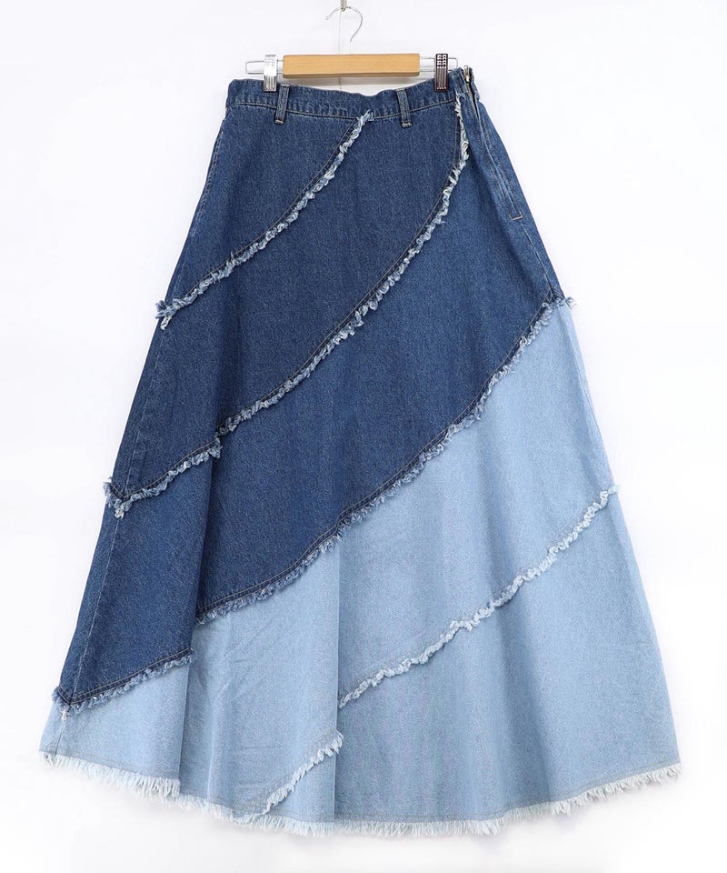 蝶刺繍or配色 スパイラル切替フリンジデニムスカート-19