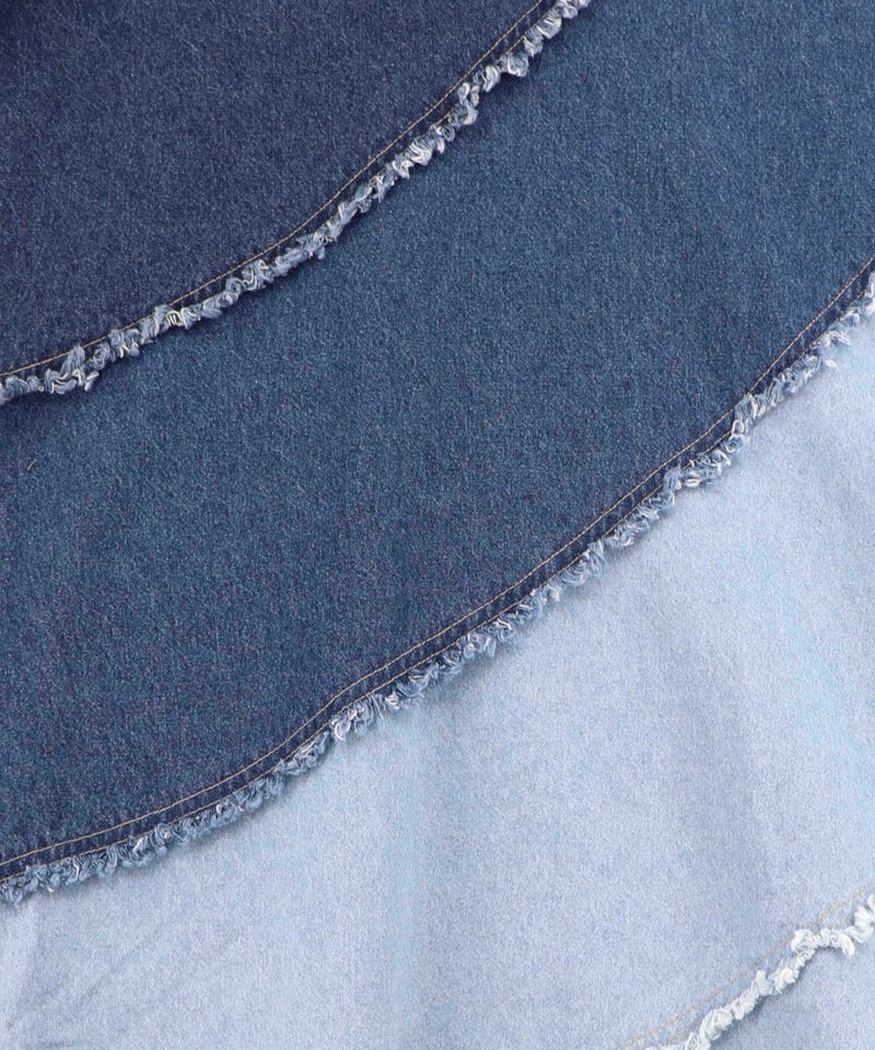 蝶刺繍or配色 スパイラル切替フリンジデニムスカート-20
