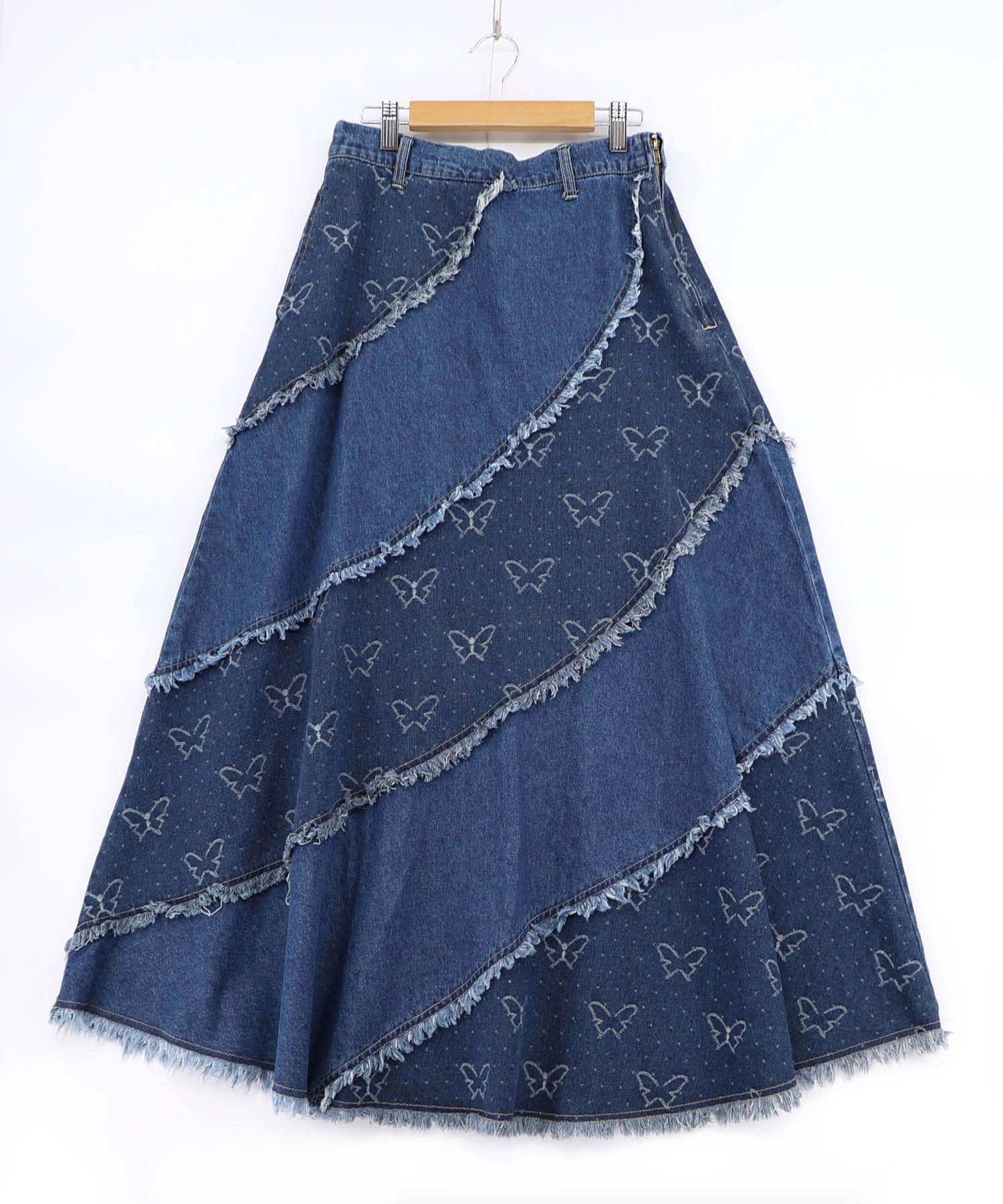 161654：蝶刺繍or配色 スパイラル切替フリンジデニムスカートの通販-ScoLar
