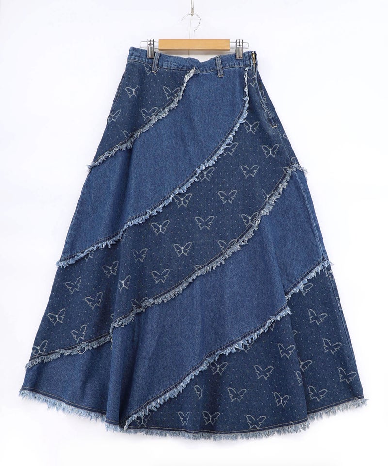 蝶刺繍or配色 スパイラル切替フリンジデニムスカート-21