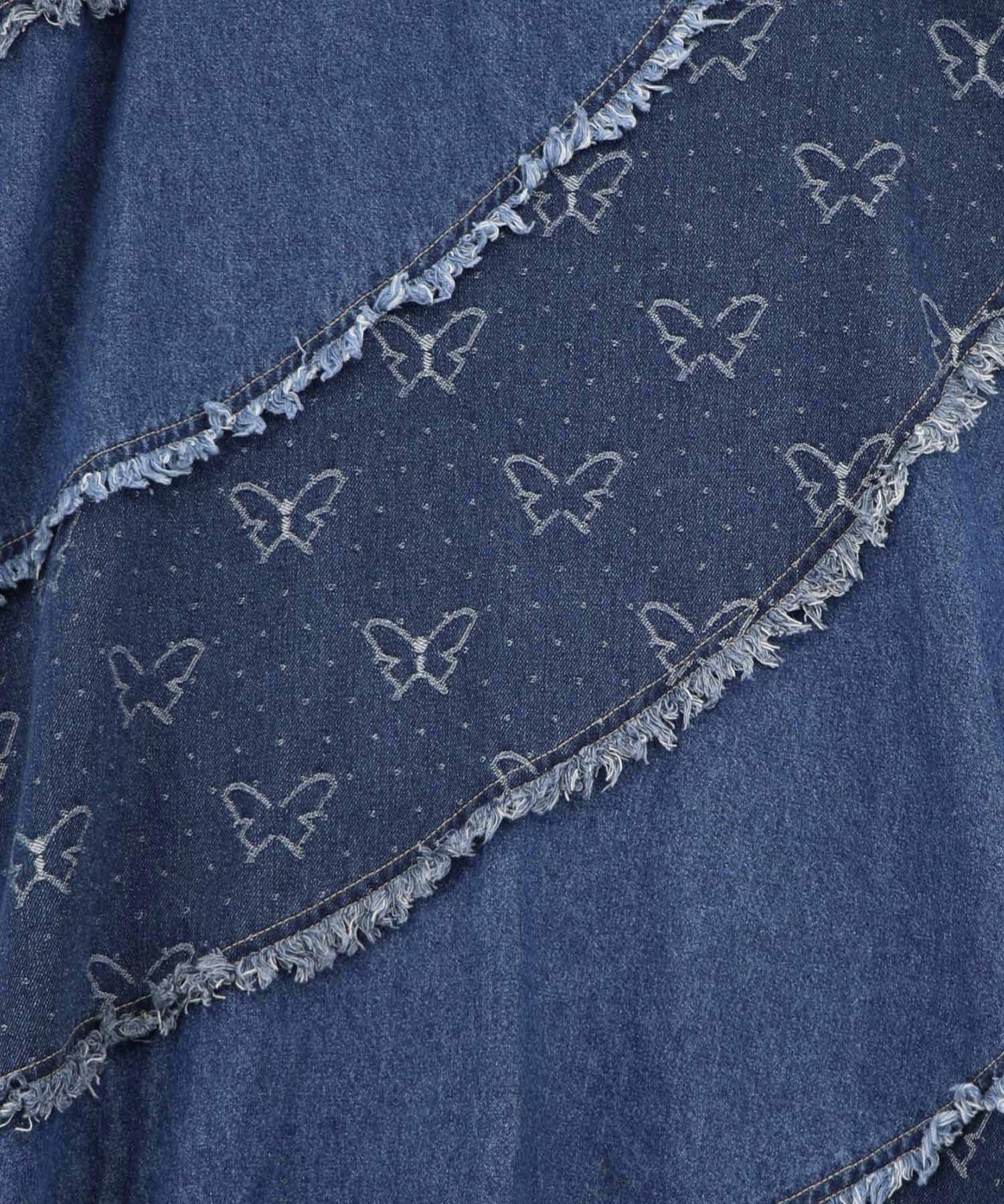161654：蝶刺繍or配色 スパイラル切替フリンジデニムスカートの通販-ScoLar
