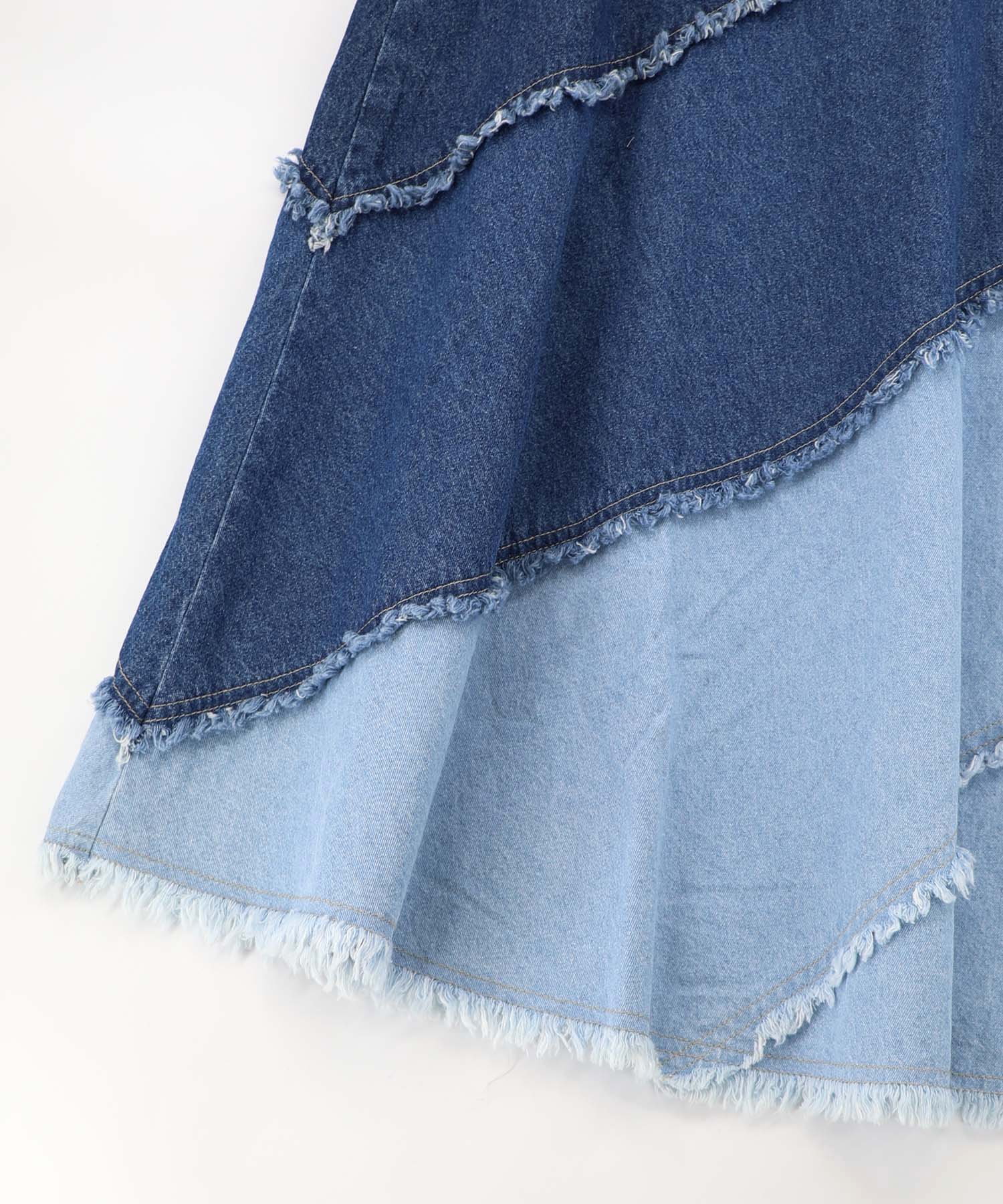 161654：蝶刺繍or配色 スパイラル切替フリンジデニムスカートの通販-ScoLar