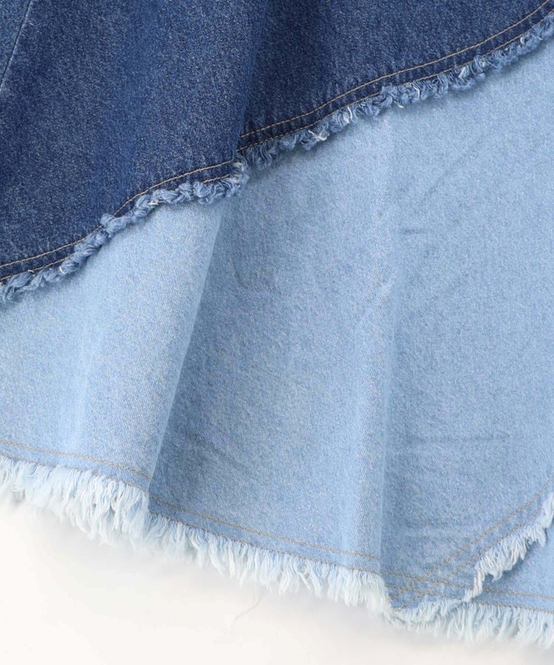 蝶刺繍or配色 スパイラル切替フリンジデニムスカート-26
