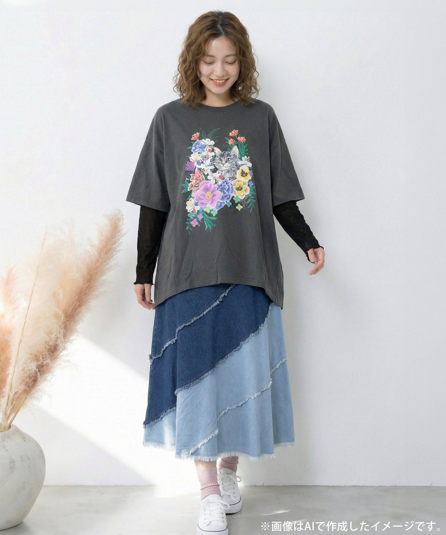 161649：ソフトチュール×花ネコ柄 レイヤード風プルオーバーの通販-ScoLar