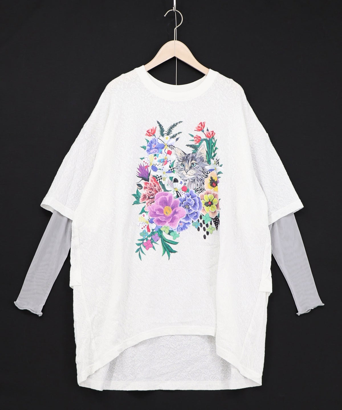 ソフトチュール×花ネコ柄 レイヤード風プルオーバー-3