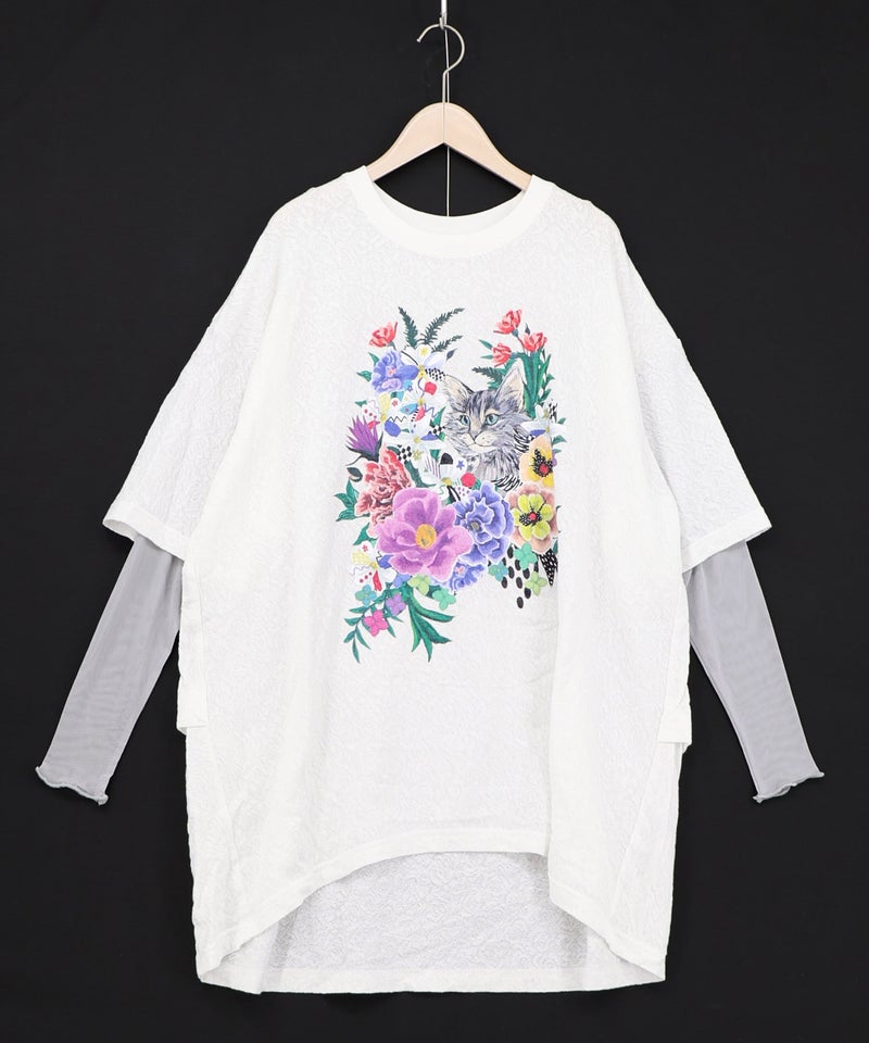 ソフトチュール×花ネコ柄 レイヤード風プルオーバー-3