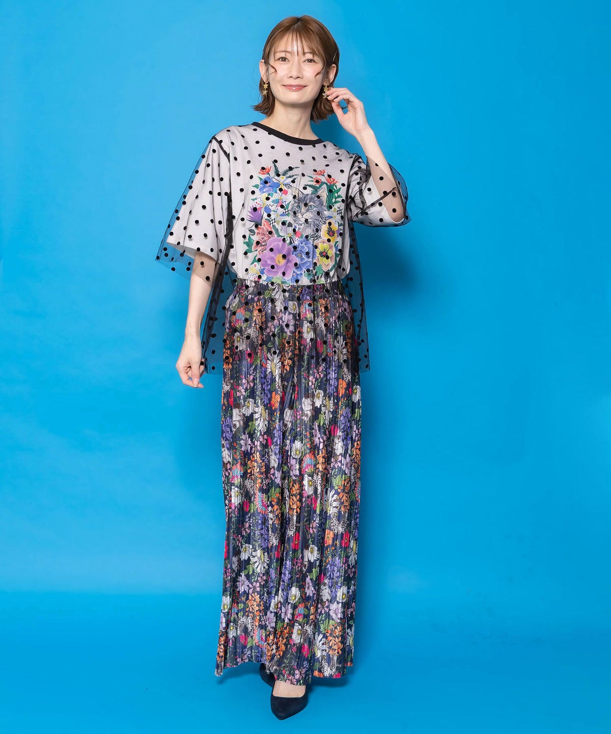 ドットチュール重ね花ネコ柄Tシャツ-2