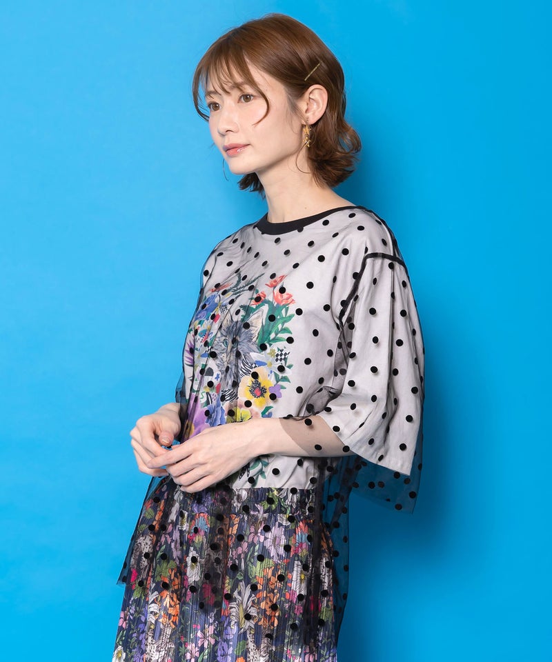 ドットチュール重ね花ネコ柄Tシャツ-4
