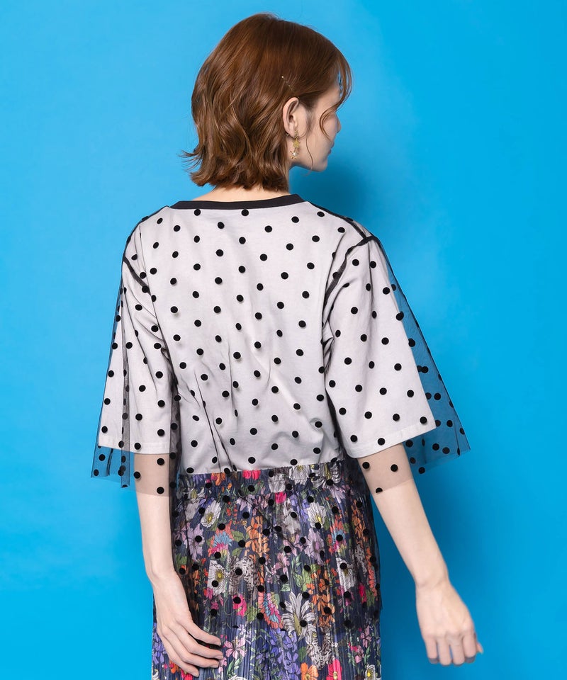 ドットチュール重ね花ネコ柄Tシャツ-5