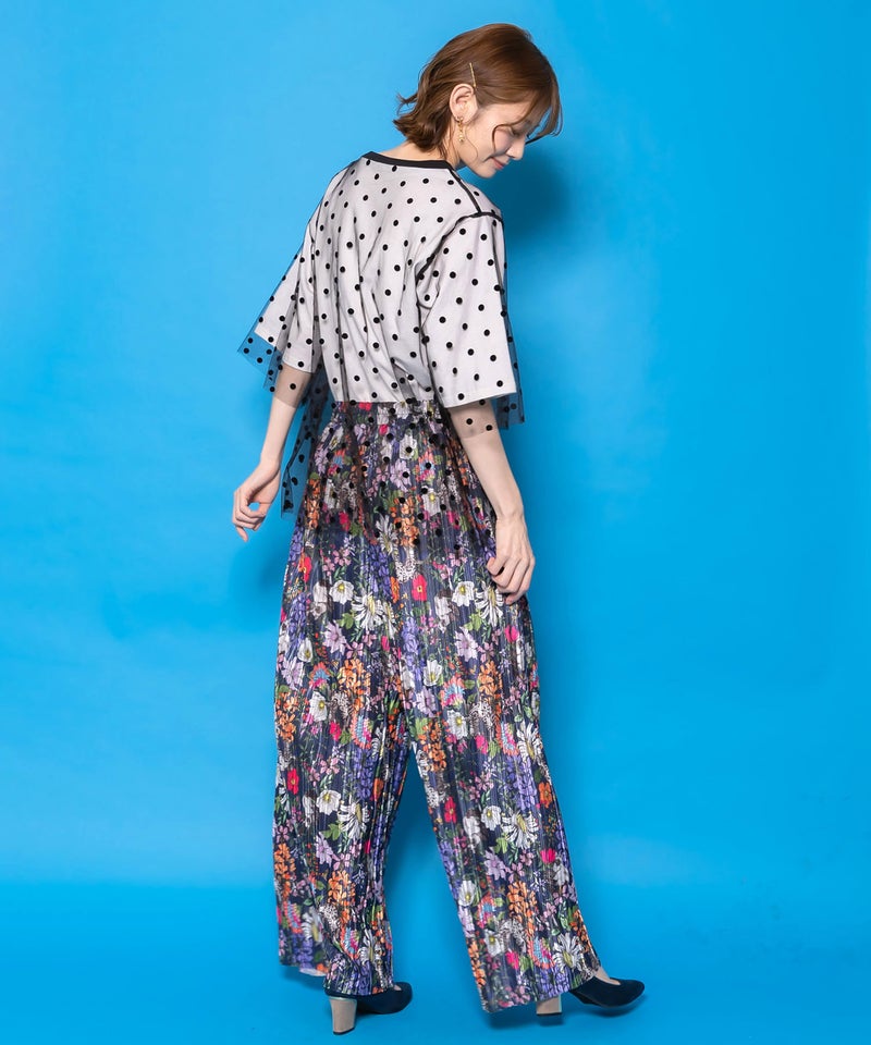 ドットチュール重ね花ネコ柄Tシャツ-6