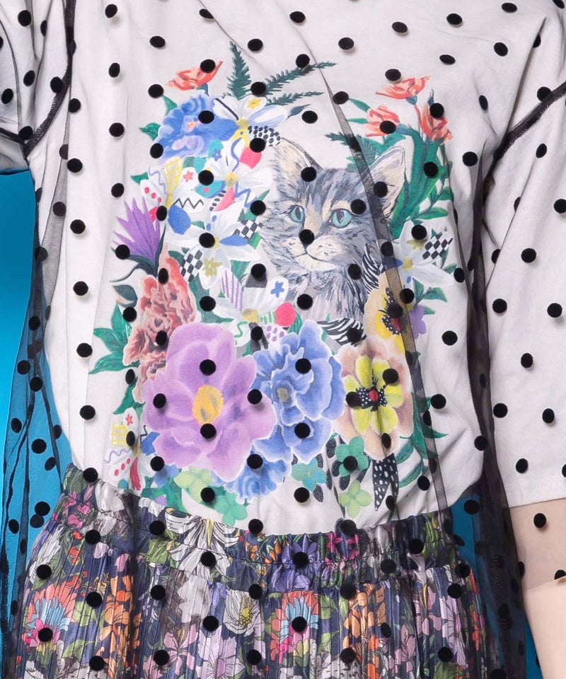 ドットチュール重ね花ネコ柄Tシャツ-7