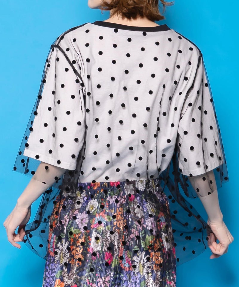 ドットチュール重ね花ネコ柄Tシャツ-9