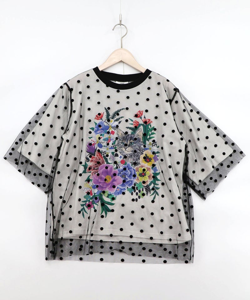 ドットチュール重ね花ネコ柄Tシャツ-10