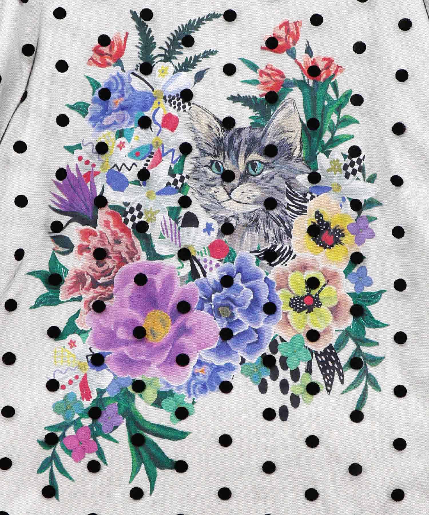 ねこページ 161644：ドットチュール重ね花ネコ柄Tシャツの通販-ScoLar
