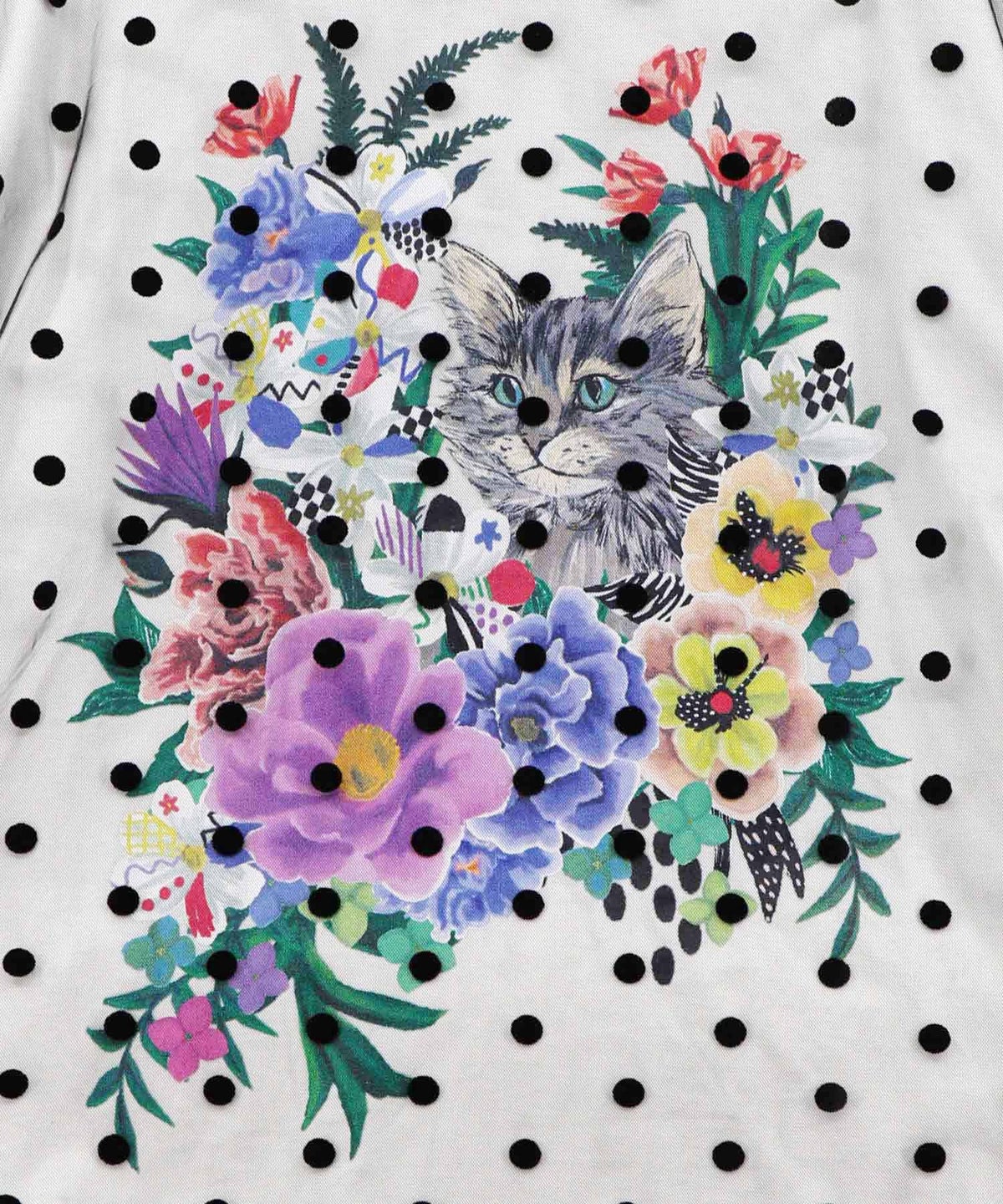 ドットチュール重ね花ネコ柄Tシャツ-11