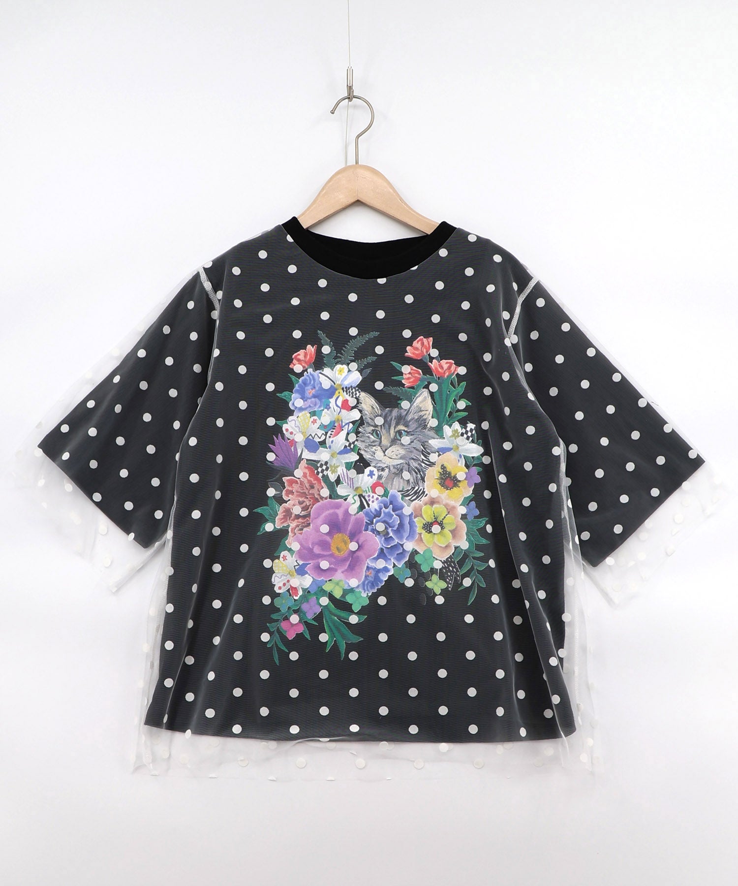 161644：ドットチュール重ね花ネコ柄Tシャツの通販-ScoLar
