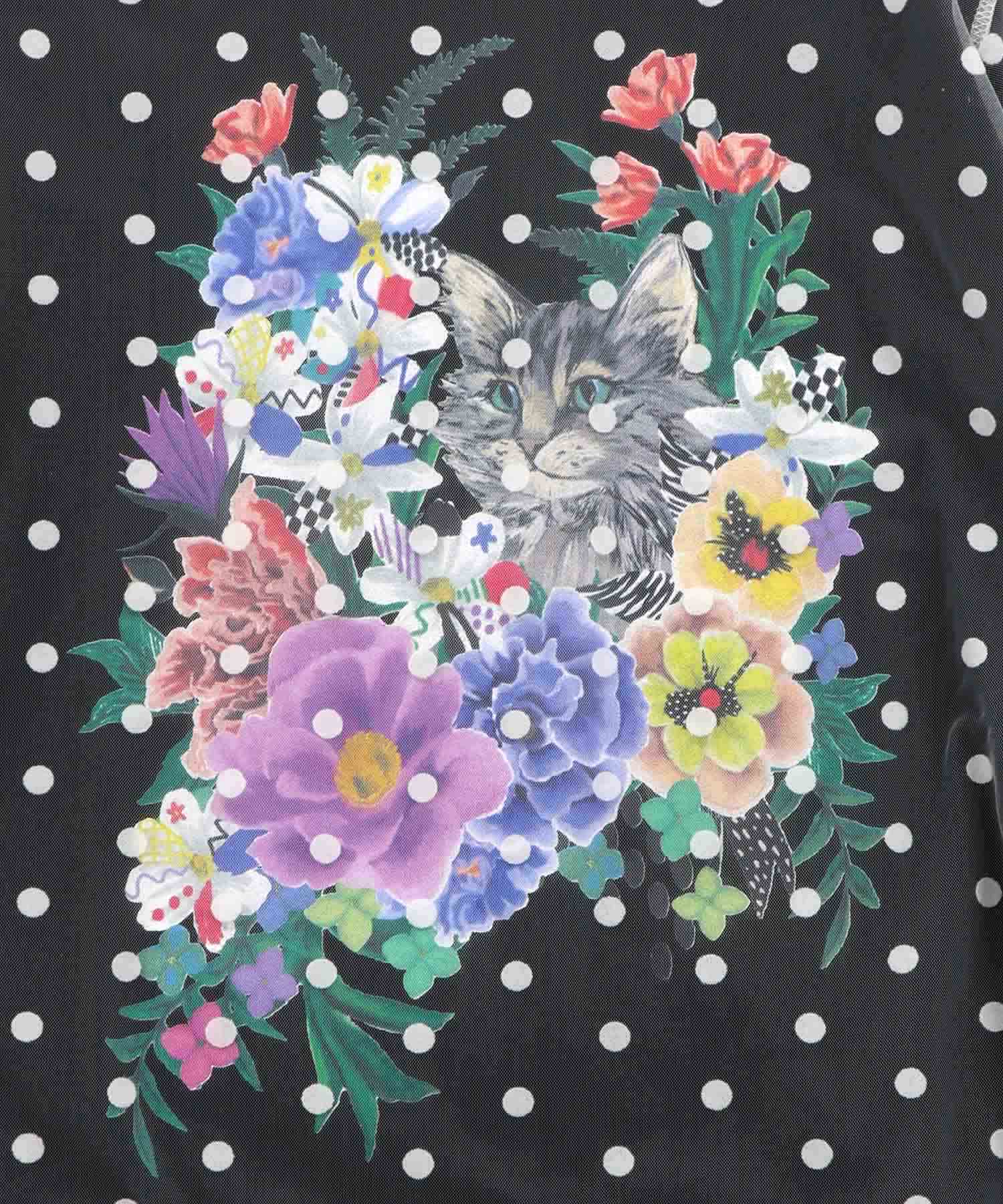161644：ドットチュール重ね花ネコ柄Tシャツの通販-ScoLar